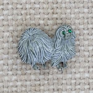 Vintage Gerry's Little Gray Dog with Green Rhinestone Eyes Enamel Brooch